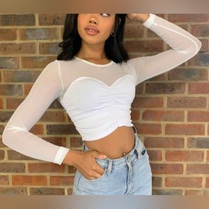 ASOS Cropped White Long Sleeve Ruched Shirt - Mesh Sleeves - Size US 4